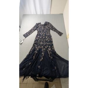 Adrianna Papell Midnight Long Sleeve Hand-Beaded Mesh Gown US 8